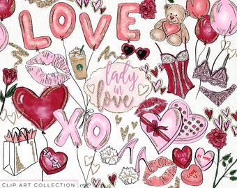 Valentines Day Love Clip Art Glitter Watercolor Clipart PNG files Hand Drawn Gold Pink Red Pastel Balloons Commercial Use Digital Download