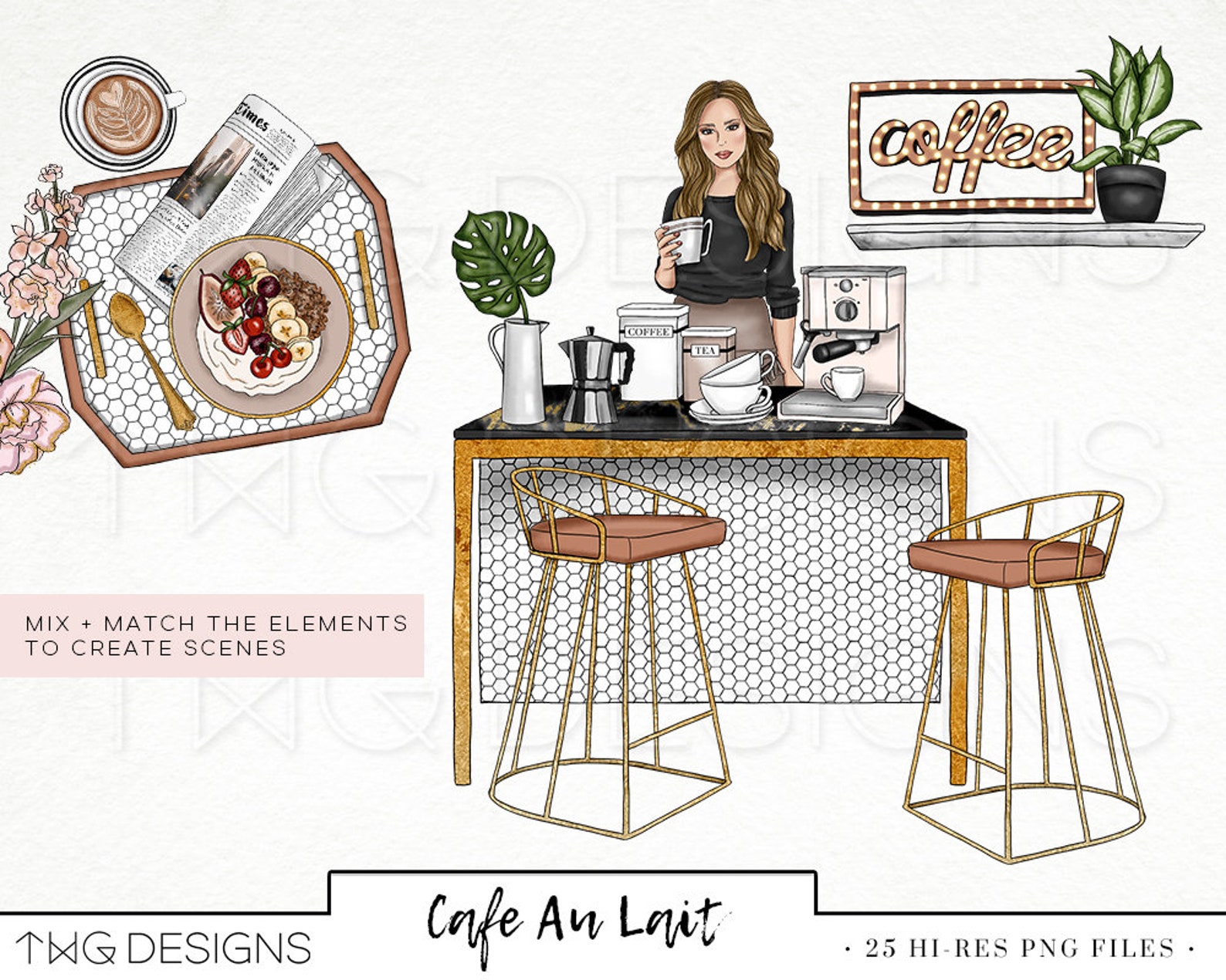 Coffee Bar Fashion Girl Clip Art Watercolor Clipart Cafe Food | Etsy