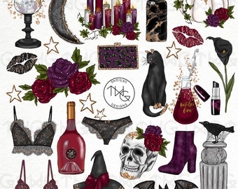 Halloween Girl Clipart: Skull, Lace, Glitter Graphics (PNG)