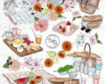 Picnic Clipart: Watercolor Food, Flowers, and Fashion Graphics (Digital Download)