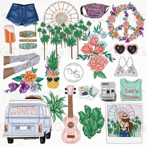 Festival Summer Road Trip Fashion Girl Clip Art Watercolor Clipart PNG Style Blogger Boho Music Flowers Hand Drawn Planner Sticker Graphics