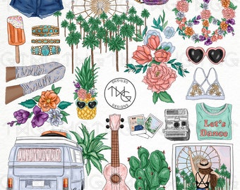 Clipart de verano bohemio: Gráficos de viaje por carretera en acuarela (PNG)