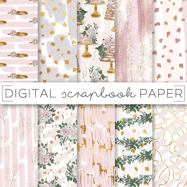 Bridal Watercolor Scrapbook Paper: Gold, Eucalyptus, Cakes (Digital Download)