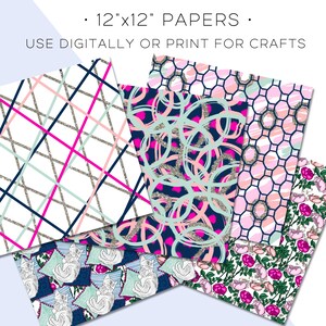 May include: A collection of 12"x12" patterned papers. Designs include geometric patterns with pink, blue, and silver accents, abstract swirls, floral prints, and a cat illustration. The text reads "USE DIGITALLY OR PRINT FOR CRAFTS."
