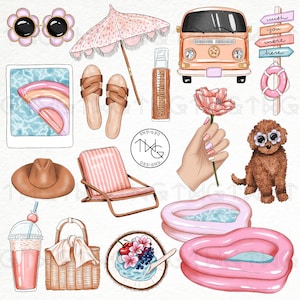 Pink Peach Summer Fashion Girl Clip Art Watercolor Clipart Pink Girly Puppy Pool Day Accessories Van Trendy Aesthetic Hand Drawn Graphics