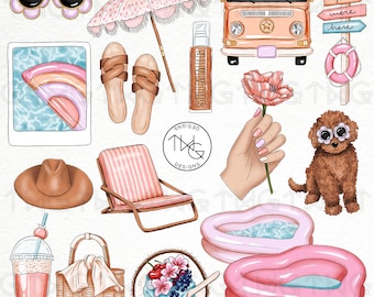 Summer Girl Clipart: Pink Peach Pool Party Graphics (Digital Download)