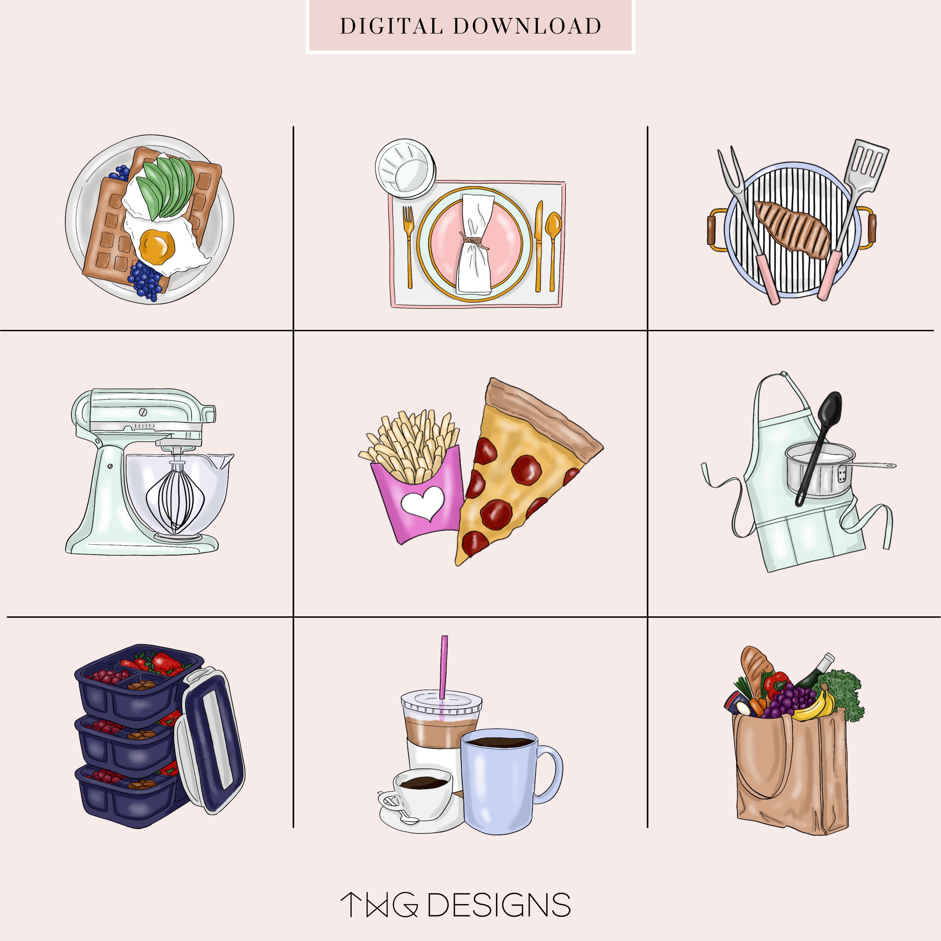 FOOD Planner Icons Clip Art Clipart Watercolor Hand Drawn To Do Icons Kitchen PNGS Commercial Use Planner Sticker Graphics Stickers Magnets