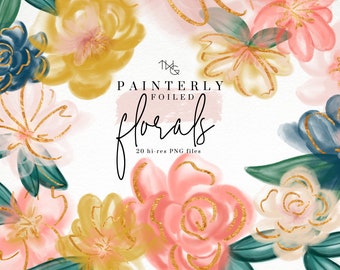 Op de afbeelding: Een digitale illustratie van 20 schilderachtige bloemmotieven met gouden folie-accenten. De bloemen zijn in tinten roze, geel, blauw en groen. De tekst "Painterly Foiled Florals" en "20 hi-res PNG files" is opgenomen in de afbeelding.
