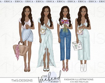 Clipart modemeisje aquarel: handgetekende outfitillustraties (digitale png-download)