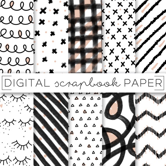 Black & White Graphic Doodle Digital Scrapbook Paper Printable | Etsy