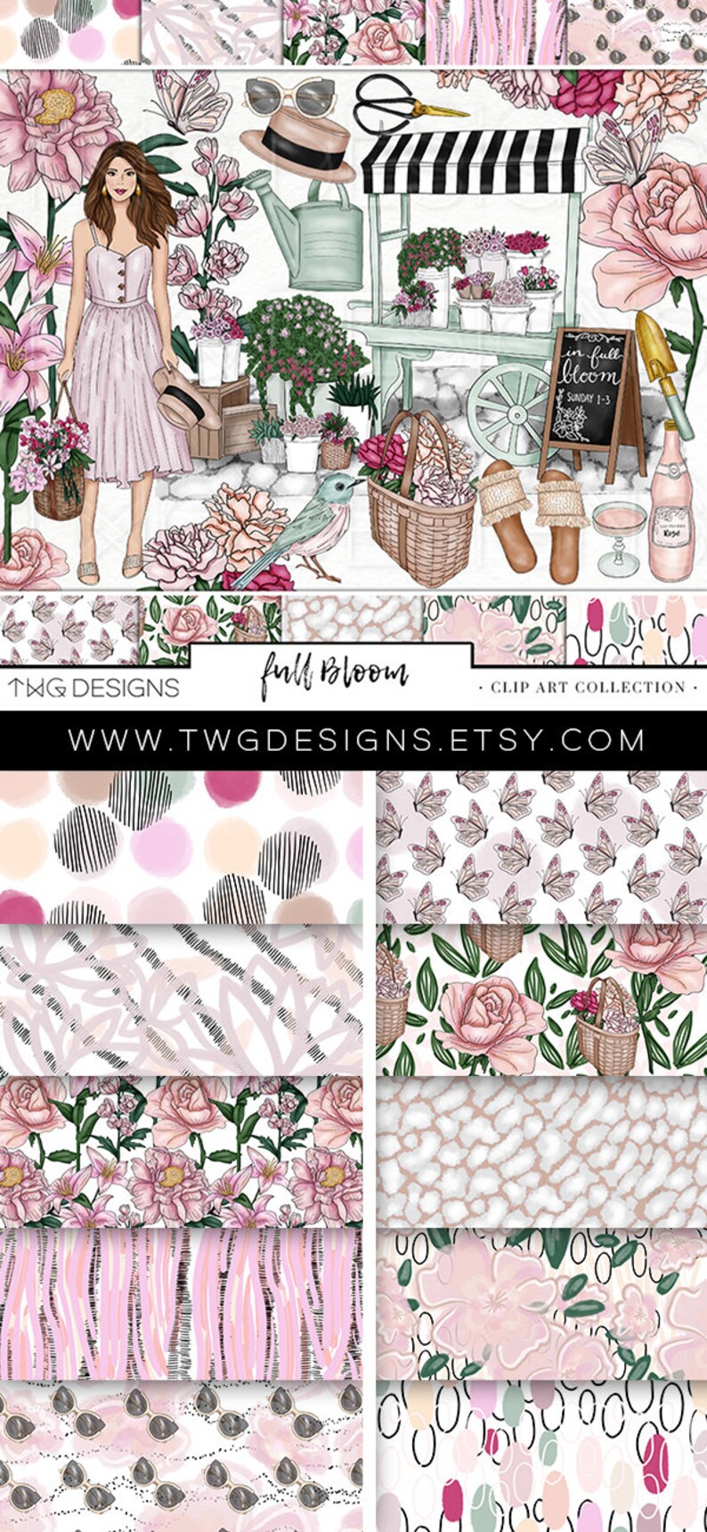 Flower Cart Fashion Girl Clip Art Watercolor Clipart Flowers Garden Spring Summer Market Floral Bouquets Rose Hand Drawn Sticker Graphics image 7