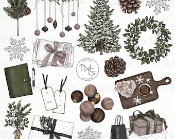 Winter Hygge Holiday Illustrated Clipart Digital Stickers Icons for bujo Ornament Gifts Pine Tree Planner Trendy Aesthetic Icons Graphics