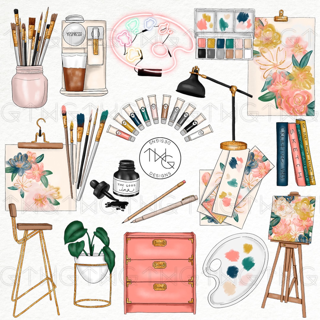 Watercolor art supplies clipart, artist paint tools illustration in png  format commercial use