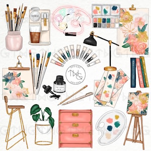 Art Studio Fashion Girl Clip Art Watercolor Clipart Artist Paint Supplies Painter Watercolor Flowers Hand Drawn Planner Sticker Graphics