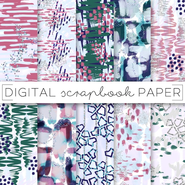 Winter Abstract Watercolor Scrapbook Paper: Silver Glitter Plaid (Digital Download)