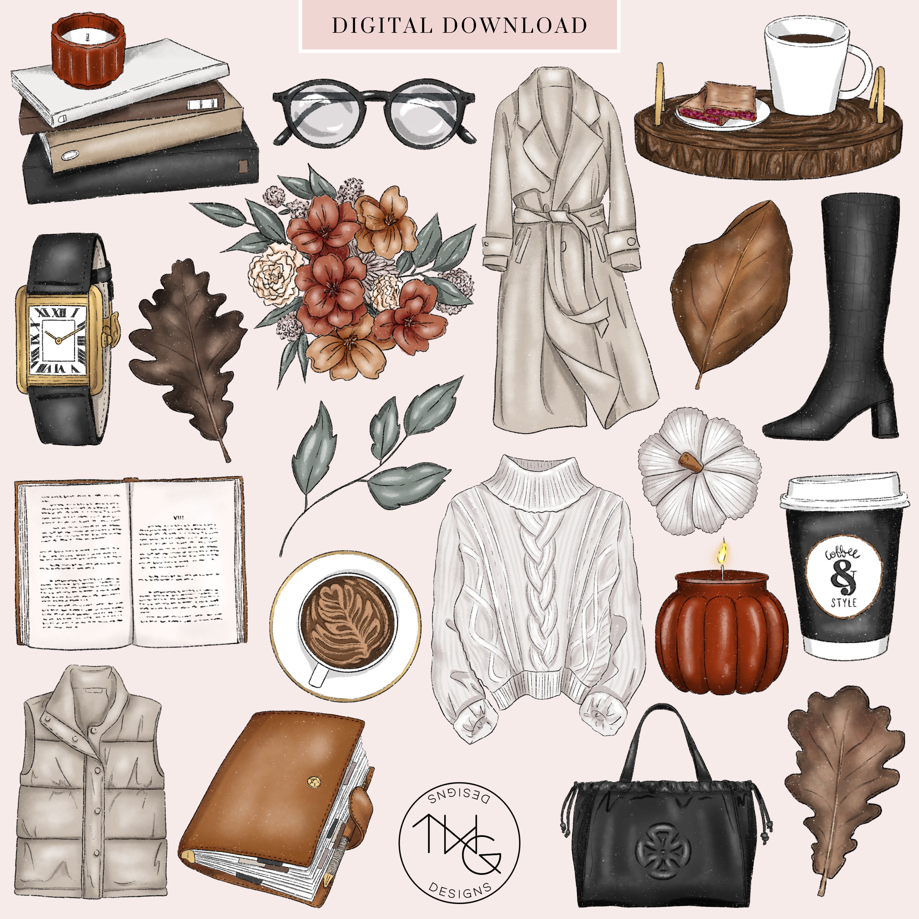 Cozy Fall Fashion Clipart: Illustrated Stickers & Icons (PNG) - Etsy