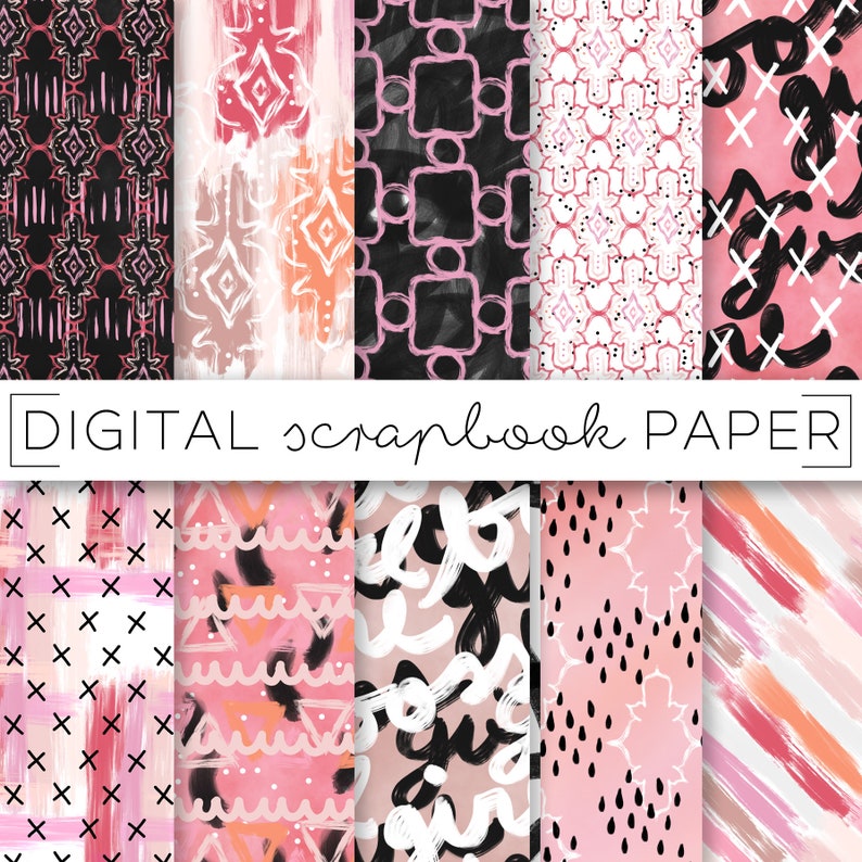 Pink /& Peach Abstract Painterly Print Digital Scrapbook Paper Watercolor GirlBoss Blush Floral Hand Drawn Brush Stroke Art Paint Background