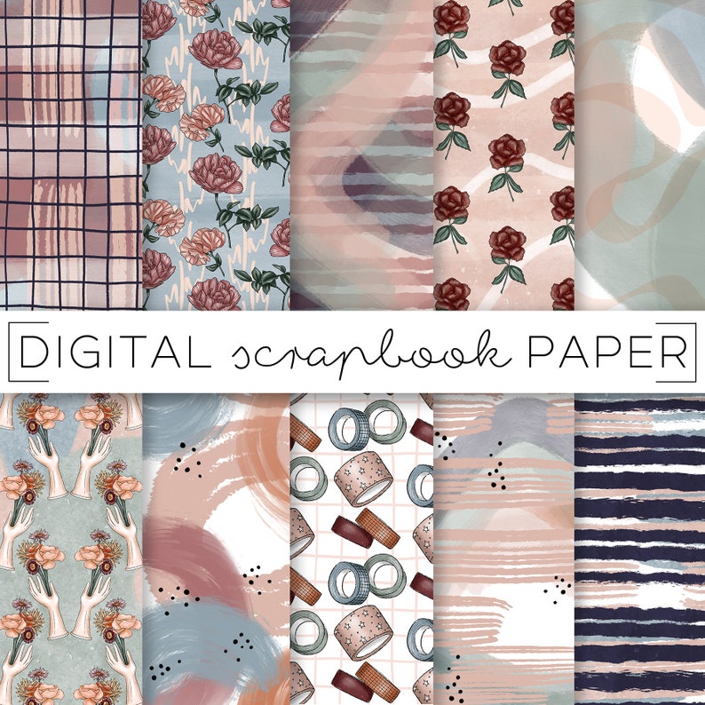 May include: Set of 10 digital scrapbook papers featuring various patterns, including floral, geometric, and abstract designs. The papers are in shades of pink, blue, and white.