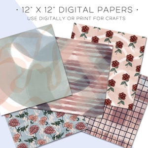 May include: Set of five 12x12 inch digital papers featuring abstract patterns in shades of pink, blue, and brown. The patterns include stripes, floral designs, and geometric shapes. "12" X 12" DIGITAL PAPERS. USE DIGITALLY OR PRINT FOR CRAFTS"