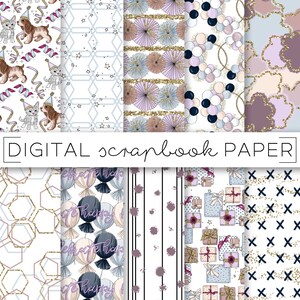 May include: Digital scrapbook paper set with a variety of patterns, including a cat and dog wearing party hats, balloons, stars, geometric shapes, and gift boxes. The paper is white with gold glitter accents.
