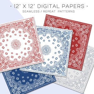Bandana Print Seamless Patterns Digital Scrapbook Paper Classic Red ...