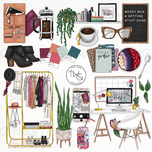 Boss Babe Clipart: Watercolor Fashion Girl, Gold Glitter (PNG)