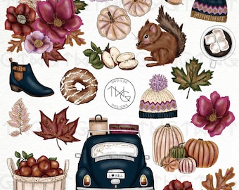 Herbst Mode Mädchen Aquarell Clipart: Herbst Ernte Grafiken (PNG)