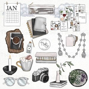 Planificación Mood Board Ilustrado Clipart Pegatinas digitales Iconos Año Nuevo Organización Visión Tablero Estético Office Planner Iconos Gráficos