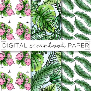 Tropical Foliage Flamingo Digital Scrapbook Paper Pattern Stationary / Palm Frond Doodles / Print Background Instant Download Printable Pink