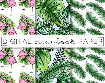 Tropical Foliage Flamingo Digital Scrapbook Paper Pattern Stationary / Palm Frond Doodles / Print Background Instant Download Printable Pink