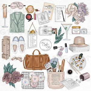 Best Friends Fashion Girl Clip Art Watercolor Clipart Weekend Travel Outfit Makeup Skincare Accessories Hand Drawn Planner Sticker Graphics