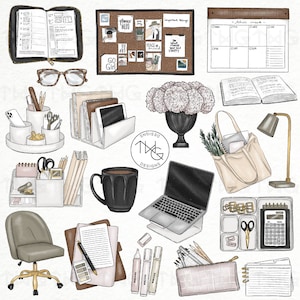 Planen und Studieren Illustrierte Clipart Digitale Aufkleber Icons Journaling Schreibwaren Büroarbeit Planer Trendy Ästhetische Icons Grafiken