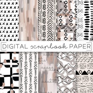 May include: Digital scrapbook paper with 10 different patterns in black, white, and beige. The patterns include geometric shapes, lines, and brushstrokes.