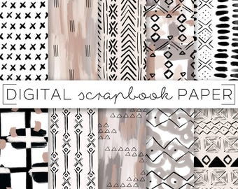 Neutral Mudcloth Imprimir patrón abstracto Digital Scrapbook papel acuarela geométrica a mano dibujado a mano tribal textil superficie arte pincel fondo
