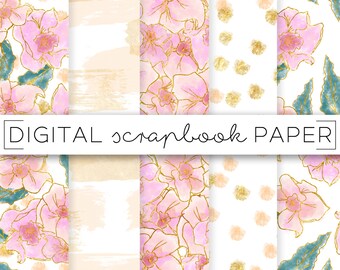 Papel de acuarela floral para álbum de recortes: rosa melocotón dorado (descarga digital)