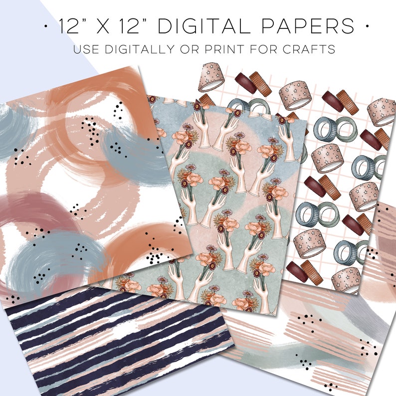 May include: Set of four 12x12 inch digital papers featuring abstract patterns. The patterns include brushstrokes, dots, stripes, and a floral design with hands holding bouquets.