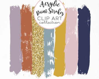 Paint Brush Stroke Clip Art Clipart Pink Blue Gold Acrylic Glitter HiRes PNG Commercial Use Hand Drawn Graphics Instant Digital Download