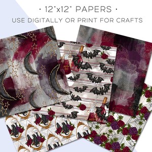 May include: A collection of 12"x12" papers with various gothic and Halloween-themed designs. The papers feature patterns with moons, stars, bats, roses, and potion bottles in shades of burgundy, gray, and gold. The text on the image says "USE DIGITALLY OR PRINT FOR CRAFTS."