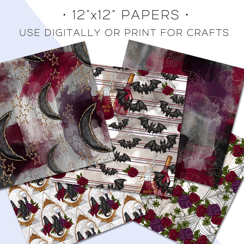 May include: A collection of 12"x12" papers with various gothic and Halloween-themed designs. The papers feature patterns with moons, stars, bats, roses, and potion bottles in shades of burgundy, gray, and gold. The text on the image says "USE DIGITALLY OR PRINT FOR CRAFTS."