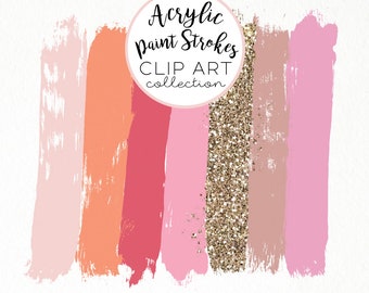 Paint Brush Stroke Clip Art Clipart Pink Peach Gold Acrylic Glitter HiRes PNG Commercial Use Hand Drawn Graphics Instant Digital Download