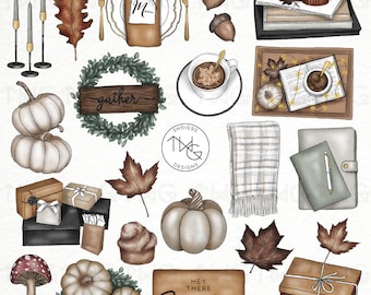 Cozy Fall Thanksgiving Illustrated Clipart Digital Stickers Icons for bujo Pumpkins Leaves Presents Planner Trendy Aesthetic Icons Graphics