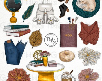 Herbstmode Clipart: Schulstudie, Goldfolie, Aquarell PNG (digitaler Download)