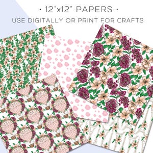 K&ouml;nnte beinhalten: Satz von f&uuml;nf digitalen Papieren im Format 30,5 x 30,5 cm mit floralen Mustern. Die Muster umfassen rosa Blumen, Hei&szlig;luftballons und ein sich wiederholendes Muster von Lippen.  DIGITAL VERWENDEN ODER ZUM BASTELN DRUCKEN.