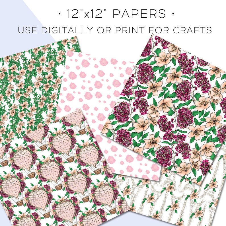 K&ouml;nnte beinhalten: Satz von f&uuml;nf digitalen Papieren im Format 30,5 x 30,5 cm mit floralen Mustern. Die Muster umfassen rosa Blumen, Hei&szlig;luftballons und ein sich wiederholendes Muster von Lippen.  DIGITAL VERWENDEN ODER ZUM BASTELN DRUCKEN.