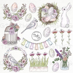 Spring Easter Fashion Girl Clip Art PNG Watercolor Clipart PNG Planner Bunny Flowers Wreath Glitter Hand Drawn Illustration Sticker Graphics
