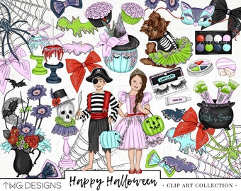 Halloween Fashion Clipart: Watercolor Girls, Bows, and Skulls (PNG)