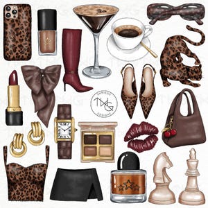 May include: An illustration of various fashion and beauty items, including a leopard print phone case, lipstick, a bow, a watch, a skirt, a corset, a pair of earrings, a pair of sunglasses, a pair of shoes, a handbag, a perfume bottle, and chess pieces.