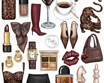 Espresso Leopard Aesthetic Illustrated Clipart Digital Stickers Icons for bujo Cute Trendy Martini Fashion Lifestyle Elements Icons Graphics