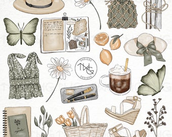 Spring Butterflies Fashion Illustrated Clipart Digital Stickers Icons Journaling Flowers Coffee Lemons Aesthetic Planner Icons Graphics