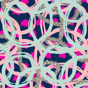 May include: Abstract pattern with overlapping brushstrokes in light blue, pink, and silver glitter on a navy blue background. The design features large, looping shapes and smaller, rounded pink accents, creating a dynamic and colorful textile design.